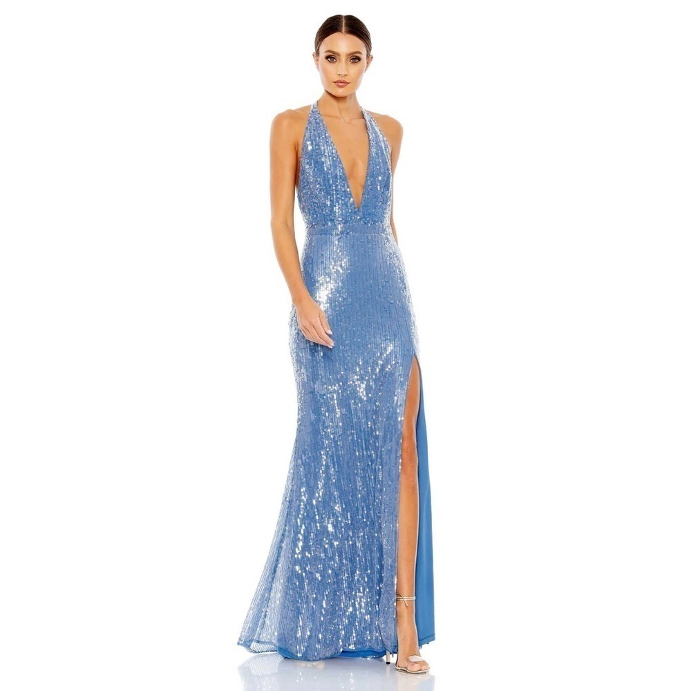 Mac Duggal Light Blue Sequin Halter Gown with Thigh Slit